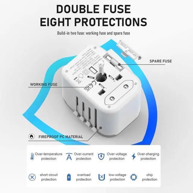 Alt view image 7 of 7 - Universal International Power Travel Plug Adapter, 5 in 1 European Travel Plug Adapter W/ 3.5A 2xUSB-A and 2xUSB C Wall Charger and Worldwide AC Outlet for Europe USA UK AUS Asia (White Grey)