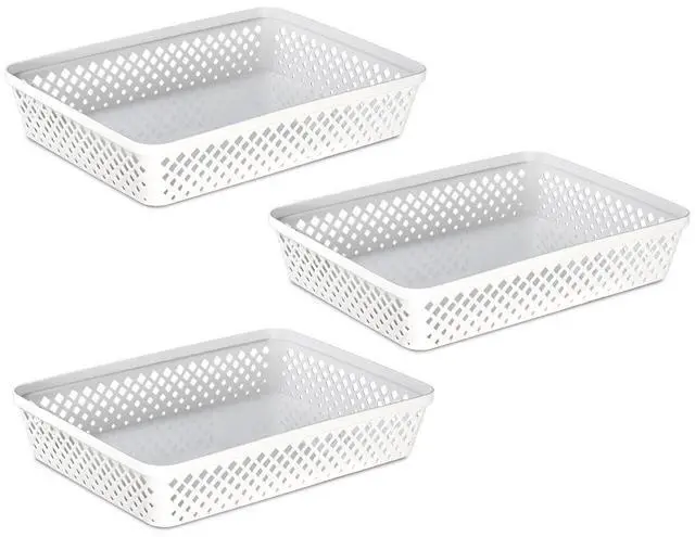 Main image of Plastic Storage Basket Set - Multipurpose Drawer Trays, Kitchen Pantry Containers, and Bathroom Bins - 3 Pack Large Organizers, White