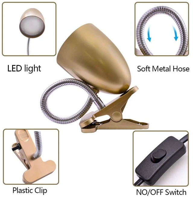 Alt view image 4 of 7 - Clip on Light for Bed, Non-Dimmable Clip on Reading Light for Bed, 4000K Cool White, 3.5W 240 LM Desk lamp with clamp, Eye Protection, ETL Listed, Gold