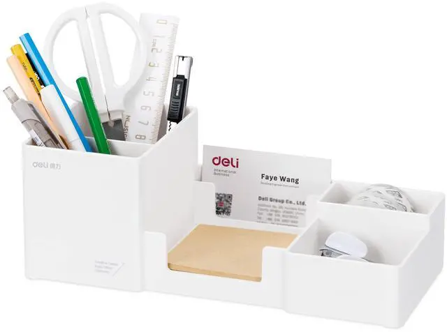 Main image of Desk Organizer, Plastic Desktop Organizer with Pencil Holder and Sticky Note Tray, Office Stationery Supplies Organizers Accessories Caddy, 6 Compartments, White