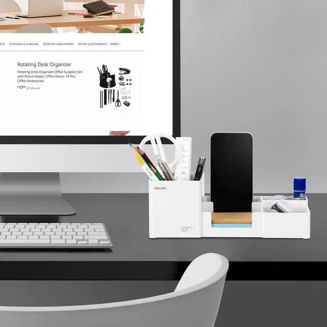 Alt view image 2 of 7 - Desk Organizer, Plastic Desktop Organizer with Pencil Holder and Sticky Note Tray, Office Stationery Supplies Organizers Accessories Caddy, 6 Compartments, White