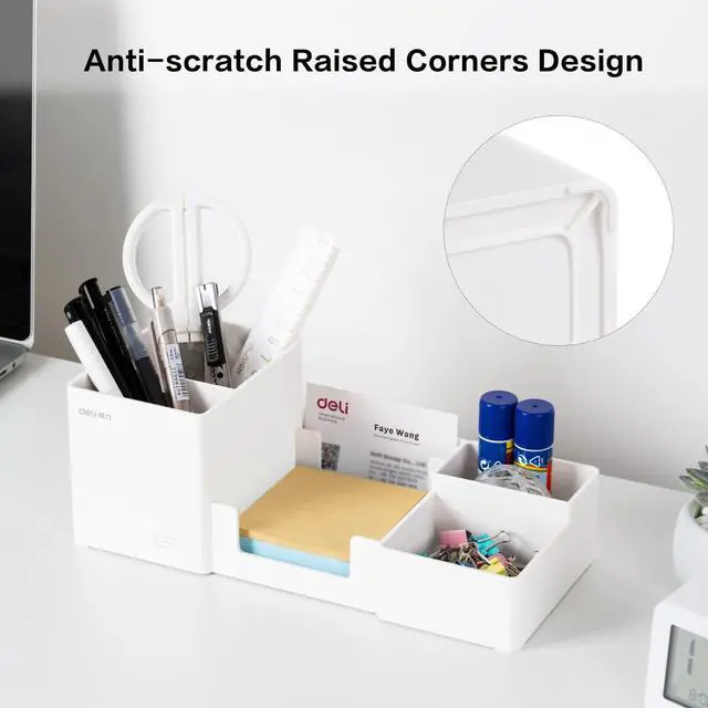 Alt view image 5 of 7 - Desk Organizer, Plastic Desktop Organizer with Pencil Holder and Sticky Note Tray, Office Stationery Supplies Organizers Accessories Caddy, 6 Compartments, White