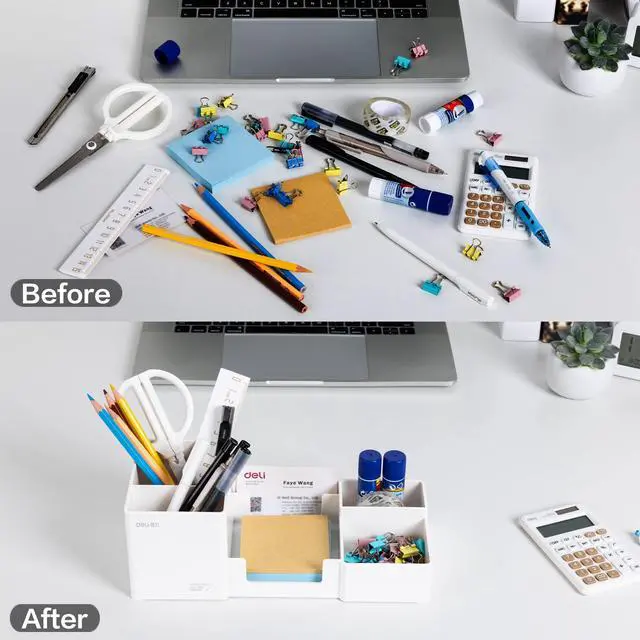 Alt view image 6 of 7 - Desk Organizer, Plastic Desktop Organizer with Pencil Holder and Sticky Note Tray, Office Stationery Supplies Organizers Accessories Caddy, 6 Compartments, White