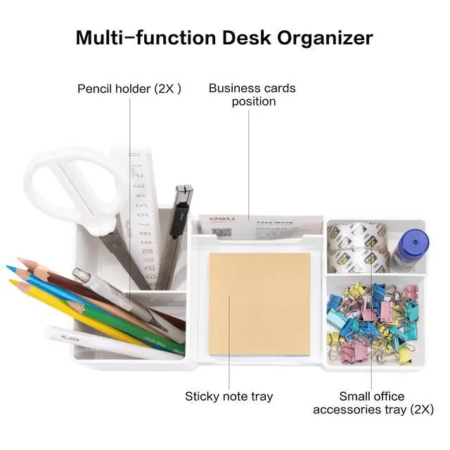 Alt view image 3 of 7 - Desk Organizer, Plastic Desktop Organizer with Pencil Holder and Sticky Note Tray, Office Stationery Supplies Organizers Accessories Caddy, 6 Compartments, White