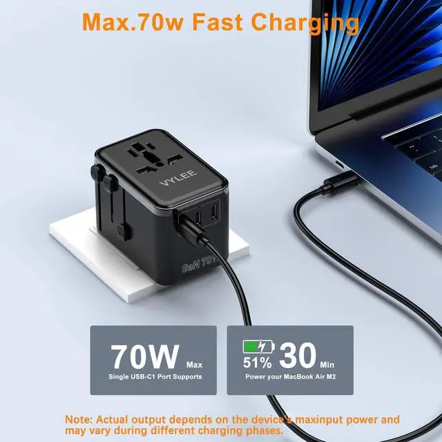 Alt view image 3 of 7 - 70W GaN International Travel Adapter, Universal Power Adapter with 3 USB-C (PD 70W) & 1 USB-A Ports, Worldwide Wall Charger for US to Europe, UK, Ireland, AU, Asia, Works in 200+ Countries