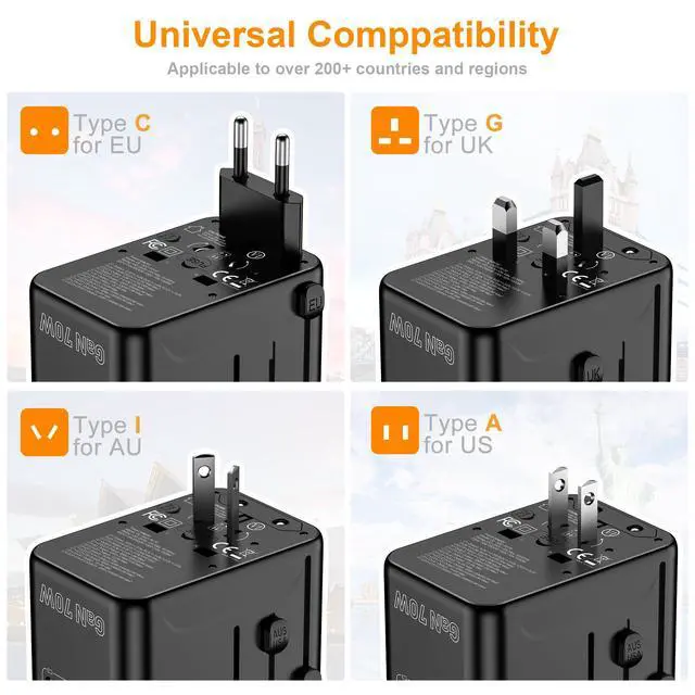 Alt view image 5 of 7 - 70W GaN International Travel Adapter, Universal Power Adapter with 3 USB-C (PD 70W) & 1 USB-A Ports, Worldwide Wall Charger for US to Europe, UK, Ireland, AU, Asia, Works in 200+ Countries
