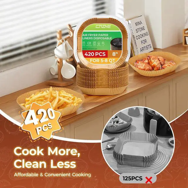 Alt view image 2 of 7 - 420Pcs Air Fryer Liners Disposable 8 Inch Square for 5-8 Qt Basket, Bulk Pack | Food Grade | 428°F Heat-Resistant | Grease-proof Air Fryer Parchment Paper Liners for Less Cleanup