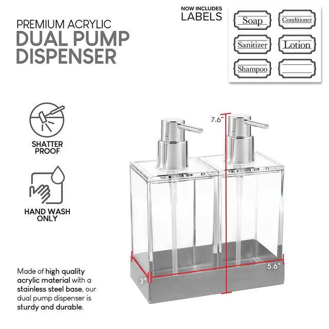 Alt view image 2 of 7 - Acrylic Twin Liquid Soap and Lotion Dispenser Set with Caddy - Double Soap Dispenser for Kitchen - Clear Soap Dispenser for Bathroom, Shampoo, Conditioner, Body Wash