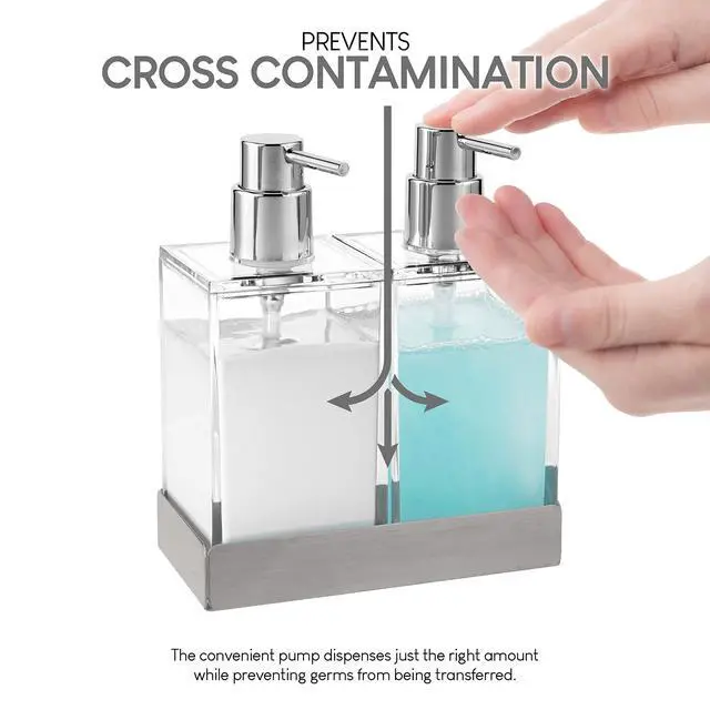 Alt view image 3 of 7 - Acrylic Twin Liquid Soap and Lotion Dispenser Set with Caddy - Double Soap Dispenser for Kitchen - Clear Soap Dispenser for Bathroom, Shampoo, Conditioner, Body Wash