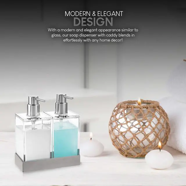 Alt view image 4 of 7 - Acrylic Twin Liquid Soap and Lotion Dispenser Set with Caddy - Double Soap Dispenser for Kitchen - Clear Soap Dispenser for Bathroom, Shampoo, Conditioner, Body Wash