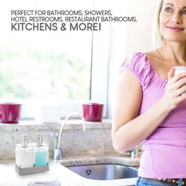 Alt view image 6 of 7 - Acrylic Twin Liquid Soap and Lotion Dispenser Set with Caddy - Double Soap Dispenser for Kitchen - Clear Soap Dispenser for Bathroom, Shampoo, Conditioner, Body Wash