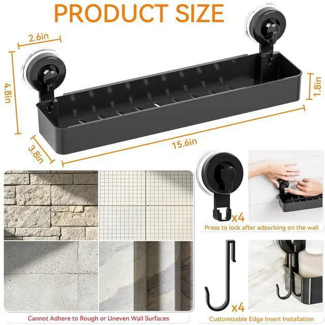 Alt view image 3 of 7 - Black 2 Pack Acrylic Shower Caddy Suction Cup,No Rust Bathroom Organizers and Storage Holder,Plastic Wall Mounted Shower Shelves,Bathtub Storage Organizer,Shampoo and Conditioner Holder for Washroom