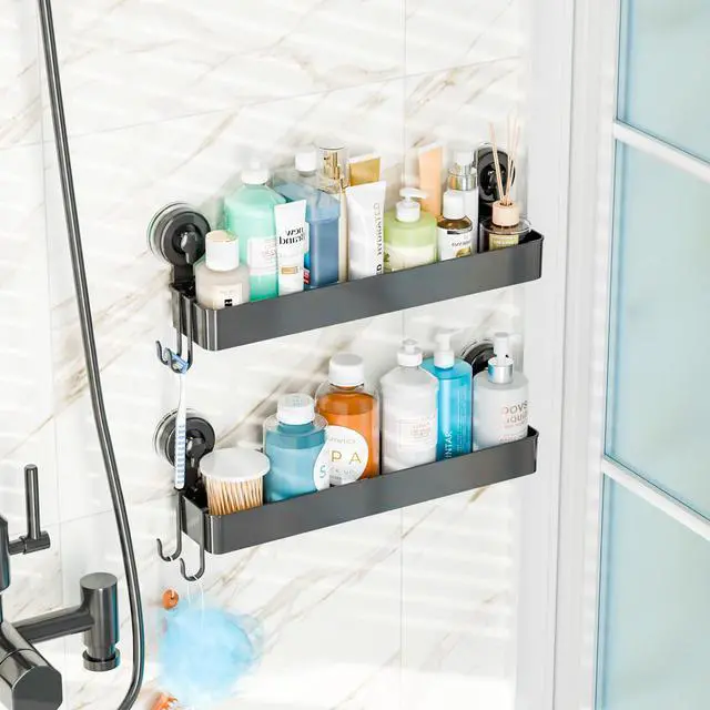 Alt view image 2 of 7 - Black 2 Pack Acrylic Shower Caddy Suction Cup,No Rust Bathroom Organizers and Storage Holder,Plastic Wall Mounted Shower Shelves,Bathtub Storage Organizer,Shampoo and Conditioner Holder for Washroom