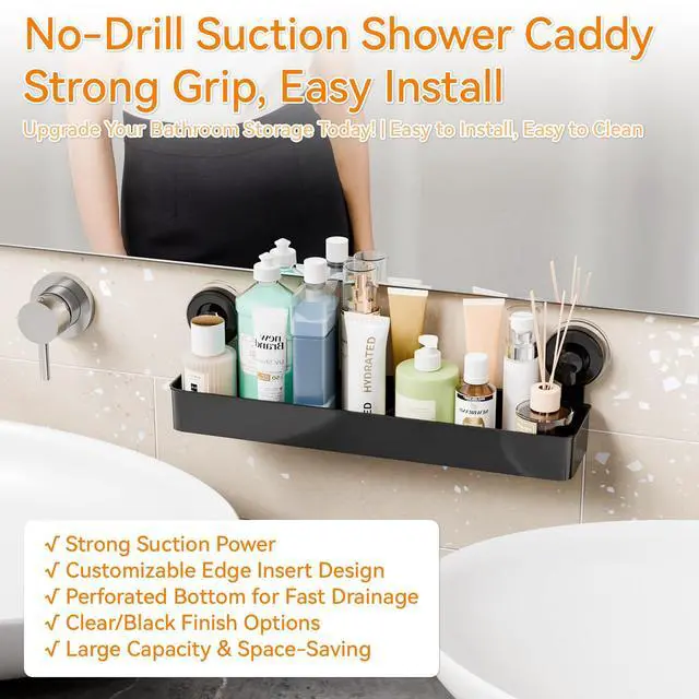 Alt view image 7 of 7 - Black 2 Pack Acrylic Shower Caddy Suction Cup,No Rust Bathroom Organizers and Storage Holder,Plastic Wall Mounted Shower Shelves,Bathtub Storage Organizer,Shampoo and Conditioner Holder for Washroom