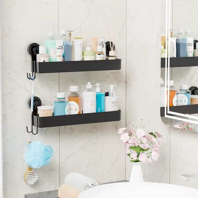 Alt view image 6 of 7 - Black 2 Pack Acrylic Shower Caddy Suction Cup,No Rust Bathroom Organizers and Storage Holder,Plastic Wall Mounted Shower Shelves,Bathtub Storage Organizer,Shampoo and Conditioner Holder for Washroom