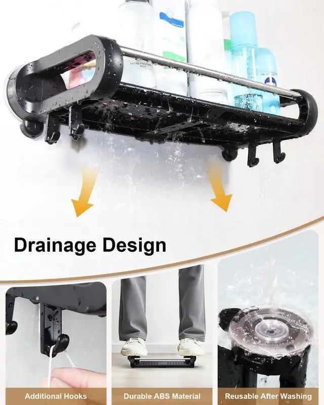 Alt view image 3 of 7 - Suction Cup Shower Shelf, Removable Shower Caddy Suction Cup with Large Capacity, Storage Suction Powerful Max Hold 22lbs, No Drilling Shelves for Bathroom Storage & Home Decor, Black