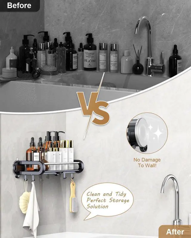 Alt view image 6 of 7 - Suction Cup Shower Shelf, Removable Shower Caddy Suction Cup with Large Capacity, Storage Suction Powerful Max Hold 22lbs, No Drilling Shelves for Bathroom Storage & Home Decor, Black