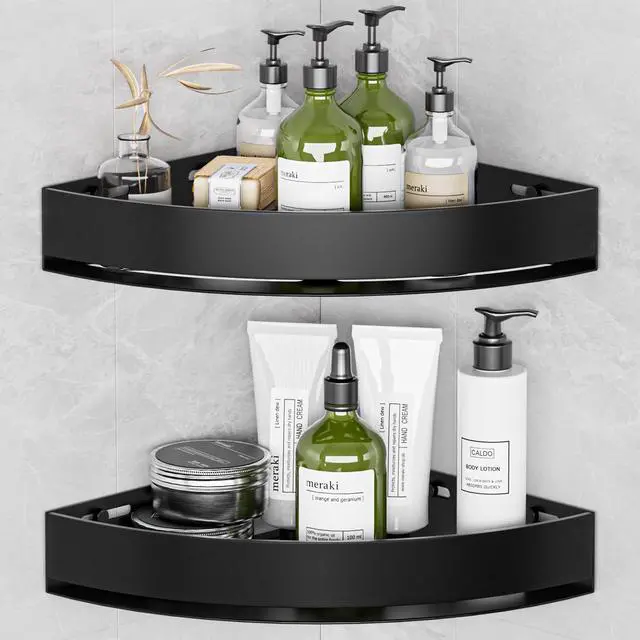 Main image of Black Corner Shower Caddy - Rustproof Aluminium Triangle Shower Shelf - No Drill & Drill Installation - 2 Bathroom Shelves Wall Mounted (20LB Capacity/Tier)