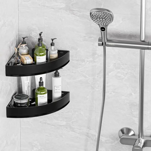 Alt view image 2 of 7 - Black Corner Shower Caddy - Rustproof Aluminium Triangle Shower Shelf - No Drill & Drill Installation - 2 Bathroom Shelves Wall Mounted (20LB Capacity/Tier)