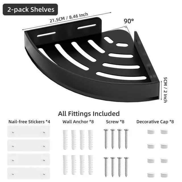 Alt view image 3 of 7 - Black Corner Shower Caddy - Rustproof Aluminium Triangle Shower Shelf - No Drill & Drill Installation - 2 Bathroom Shelves Wall Mounted (20LB Capacity/Tier)