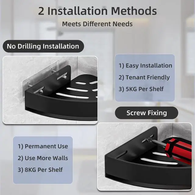 Alt view image 5 of 7 - Black Corner Shower Caddy - Rustproof Aluminium Triangle Shower Shelf - No Drill & Drill Installation - 2 Bathroom Shelves Wall Mounted (20LB Capacity/Tier)