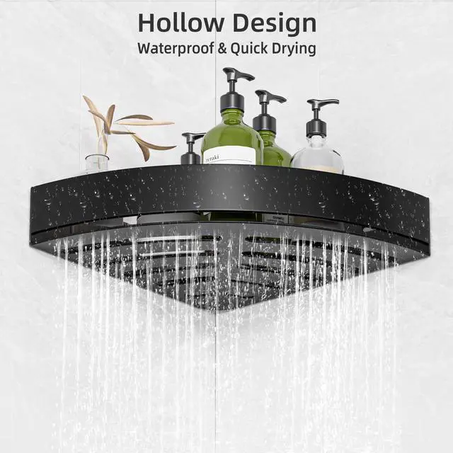 Alt view image 6 of 7 - Black Corner Shower Caddy - Rustproof Aluminium Triangle Shower Shelf - No Drill & Drill Installation - 2 Bathroom Shelves Wall Mounted (20LB Capacity/Tier)