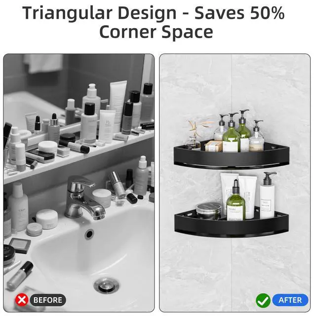 Alt view image 7 of 7 - Black Corner Shower Caddy - Rustproof Aluminium Triangle Shower Shelf - No Drill & Drill Installation - 2 Bathroom Shelves Wall Mounted (20LB Capacity/Tier)