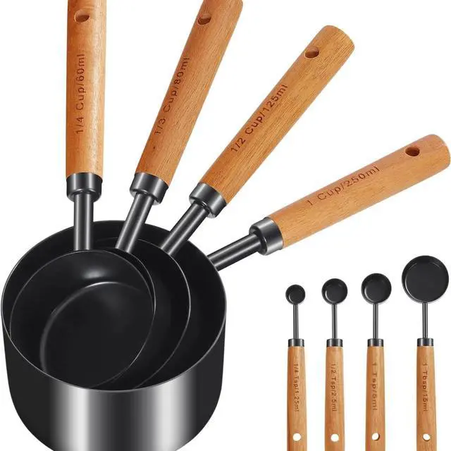 Main image of 8-Piece Food-Grade Measuring Cups and Spoons Set, Nonstick Black Kitchen Measure Set with Non-Slip Wooden Handle, Engraved US & Metric Markings for Cooking & Baking