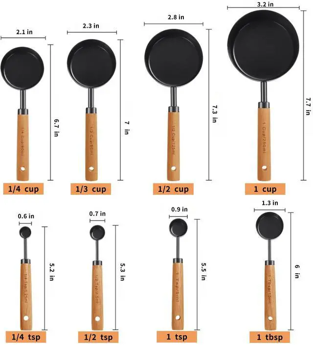 Alt view image 2 of 6 - 8-Piece Food-Grade Measuring Cups and Spoons Set, Nonstick Black Kitchen Measure Set with Non-Slip Wooden Handle, Engraved US & Metric Markings for Cooking & Baking