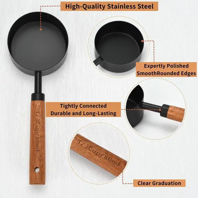 Alt view image 4 of 6 - 8-Piece Food-Grade Measuring Cups and Spoons Set, Nonstick Black Kitchen Measure Set with Non-Slip Wooden Handle, Engraved US & Metric Markings for Cooking & Baking