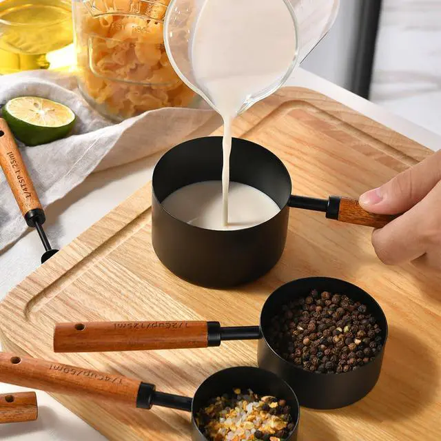 Alt view image 6 of 6 - 8-Piece Food-Grade Measuring Cups and Spoons Set, Nonstick Black Kitchen Measure Set with Non-Slip Wooden Handle, Engraved US & Metric Markings for Cooking & Baking