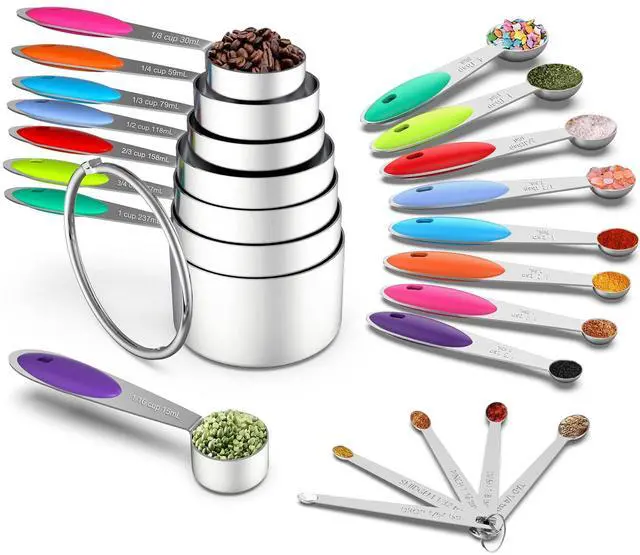 Main image of Stainless Measuring Cups and Spoons Set with Silicone Handle, 21pcs