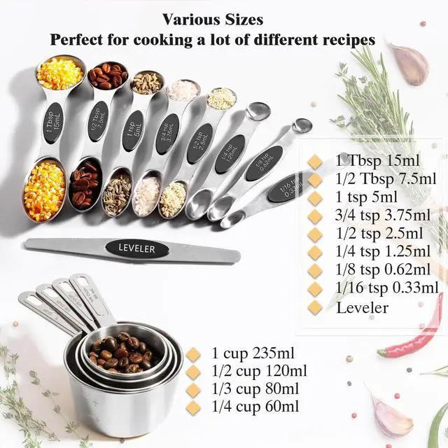 Alt view image 2 of 7 - 13pcs Stainless Steel Measuring Cups and Spoons Set, 8 Double-Sided Magnetic Measuring Spoons Set & 4 Metal Measuring Cups & 1 Leveler for Kitchen Dry & Liquid Cooking Baking