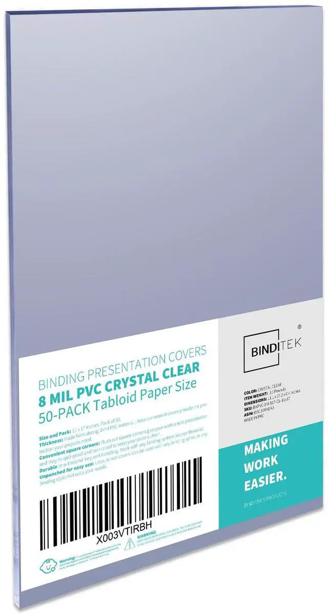 Main image of 50 Pack 8 Mil PVC Clear Binding Presentation Covers, 11 x 17 Inches, Tabloid Size, Square Corners, Un-Punched, Office School Supplies
