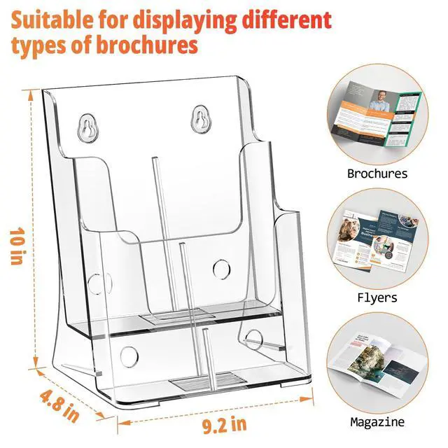 Alt view image 3 of 7 - Acrylic Brochure Holder 8.5x11 & 4 x9 Inches, Clear 2 Tier Literature Magazine Stand Brochure Display Stand w Removable Divider Universal, Pamphlet Flyer Holder for Wall Mount or Countertop