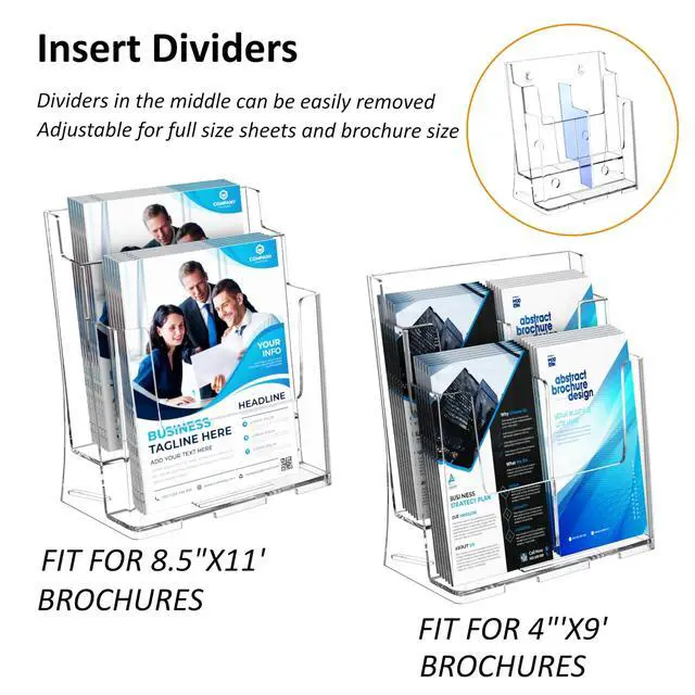 Alt view image 2 of 7 - Acrylic Brochure Holder 8.5x11 & 4 x9 Inches, Clear 2 Tier Literature Magazine Stand Brochure Display Stand w Removable Divider Universal, Pamphlet Flyer Holder for Wall Mount or Countertop