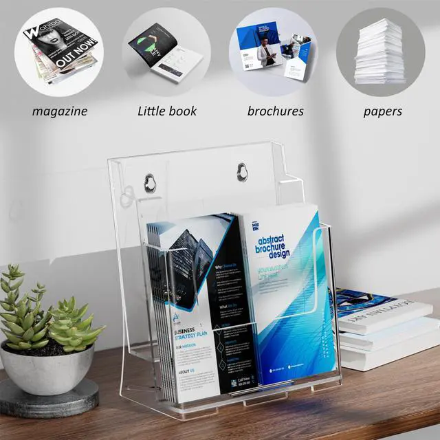 Alt view image 6 of 7 - Acrylic Brochure Holder 8.5x11 & 4 x9 Inches, Clear 2 Tier Literature Magazine Stand Brochure Display Stand w Removable Divider Universal, Pamphlet Flyer Holder for Wall Mount or Countertop