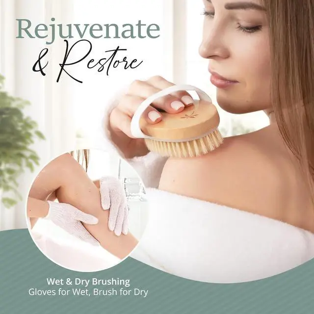 Alt view image 4 of 7 - Dry Brushing Body Brush Set - Natural Boar Bristle Body Brush, Exfoliating Face Brush & Bath Gloves - Ideal Dry Skin Brush for Lymphatic Drainage & Healthy Glowing Skin!