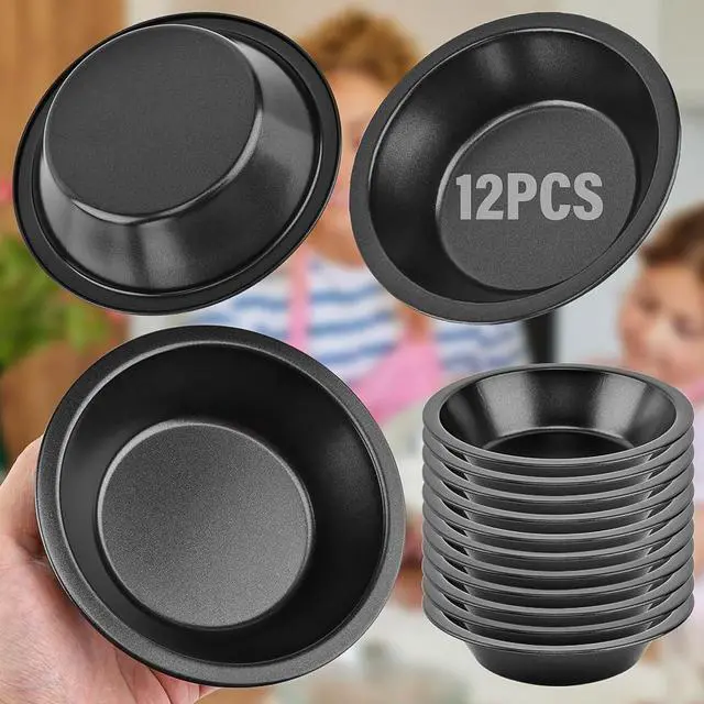 Alt view image 7 of 7 - 12 Pack Mini Pie Pans 5 Inch Reusable Round Pie Tins Nonstick Small Pie Pans Carbon Steel Round Pie Tins Small Pie Pans Individual Pie Tins for Baking Dessert(COLOR:Black)