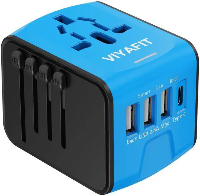Main image of Universal International Travel Power Adapter, All in One Wall Charger with High Speed 2.4A 3xUSB, 3.0A Type-C, European Adapter, Worldwide AC Outlet Plugs for UK, CA, EU, AU, Asia (Blue)
