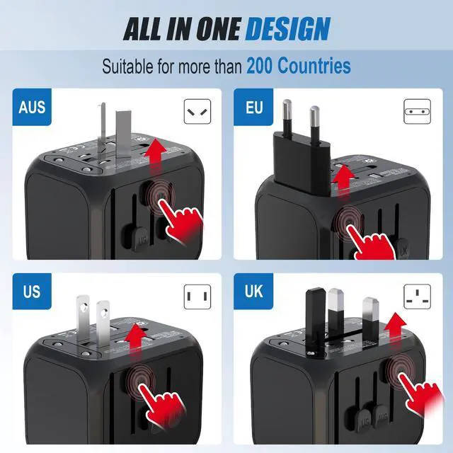 Alt view image 2 of 6 - Universal Travel Adapter Worldwide All in One International Wall Charger AC Plug Adaptor with 2 USB-C and 2 USB-A Ports for 200+ Countries 100V-250V (EU UK USA AU Plug) Black