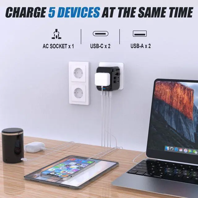 Alt view image 4 of 6 - Universal Travel Adapter Worldwide All in One International Wall Charger AC Plug Adaptor with 2 USB-C and 2 USB-A Ports for 200+ Countries 100V-250V (EU UK USA AU Plug) Black
