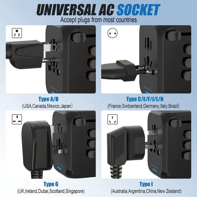 Alt view image 5 of 6 - Universal Travel Adapter Worldwide All in One International Wall Charger AC Plug Adaptor with 2 USB-C and 2 USB-A Ports for 200+ Countries 100V-250V (EU UK USA AU Plug) Black