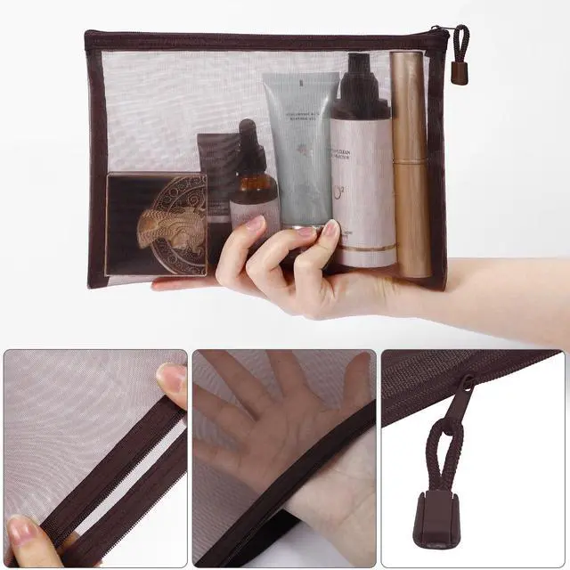 Alt view image 3 of 7 - 12 Pieces Zipper Nylon Mesh Pouch, Mesh Cosmetic Bags Makeup Bags Pencil Case, Multipurpose Travel Bags for Cosmetic School Office Supplies and Travel Accessories (Coffee, A5)