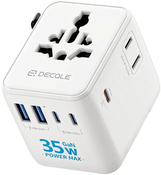 Main image of Universal Travel Adapter, International Travel Plug Adapter with 3 USB-C 2 USB-A Ports 35W, All in One Portable Socket, for USA, UK, EU, AU 224+ Countries (White)