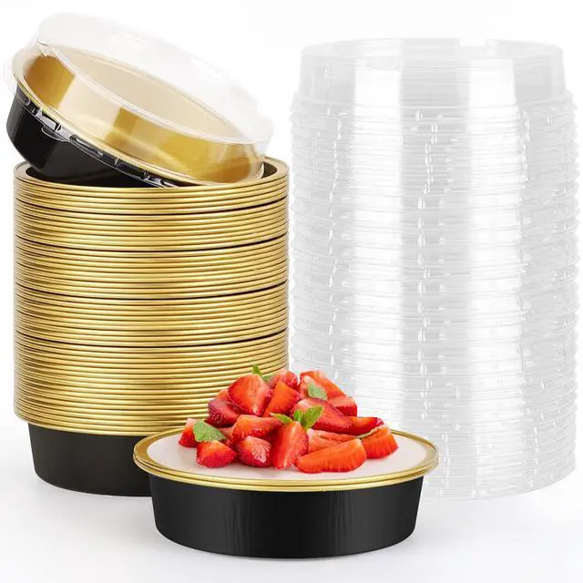 Main image of Aluminum Cupcake Pans With Lids, 4 Inch 50 Pack Disposable Pie Pans For Cake, 8 Oz Aluminum Pie Pan Tin Black Golden Tart Pans Round Oven Baking Mini Cake Pan For Pie Tart Quiche