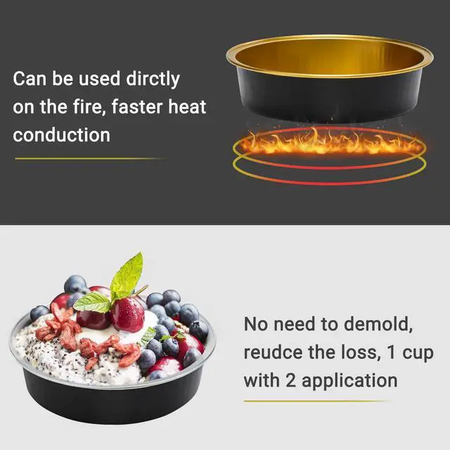 Alt view image 3 of 6 - Aluminum Cupcake Pans With Lids, 4 Inch 50 Pack Disposable Pie Pans For Cake, 8 Oz Aluminum Pie Pan Tin Black Golden Tart Pans Round Oven Baking Mini Cake Pan For Pie Tart Quiche
