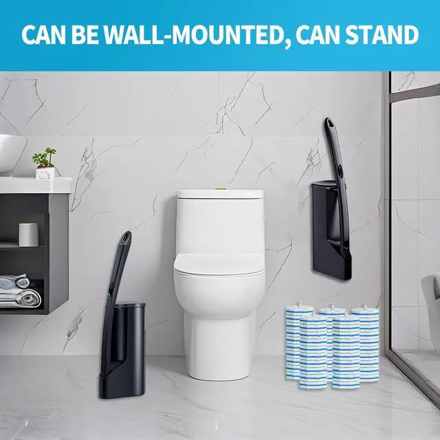 Alt view image 2 of 7 - Disposable Toilet Brush with 50 Wand Cleaner Refills PadsWall Mounted Toilet Bowl Holder SetToilet Cleaning System Starter KitBathroom Cleaning System for Sink Bathtub Wash Basin