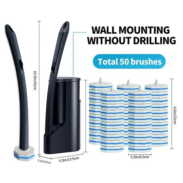 Alt view image 6 of 7 - Disposable Toilet Brush with 50 Wand Cleaner Refills PadsWall Mounted Toilet Bowl Holder SetToilet Cleaning System Starter KitBathroom Cleaning System for Sink Bathtub Wash Basin
