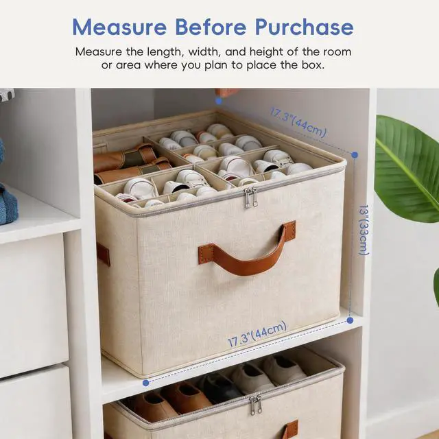 Alt view image 2 of 7 - Shoe Organizer Box 2 Pack, Shoe Storage Organizer with Clear Cover, Adjustable Dividers Fits 16-32 Pairs, Fabric Shoe Organizer for Closet, Beige